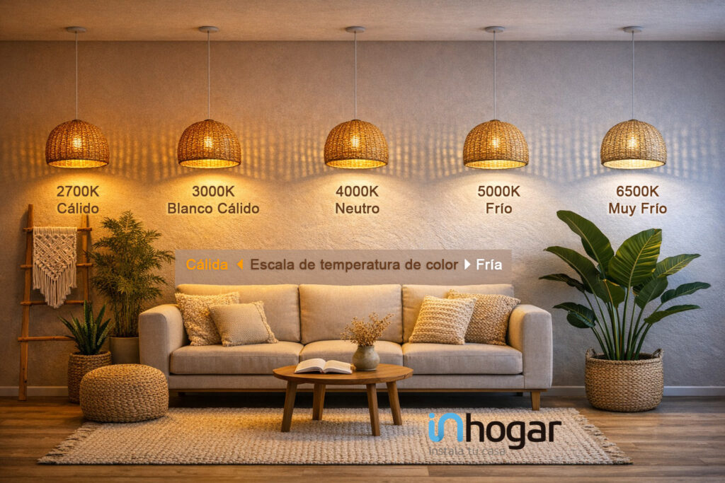 Ejemplo de iluminación LED cálida en salón con lámparas de ratán, sofá y decoración boho, mostrando cómo elegir la bombilla LED correcta según la estancia del hogar.